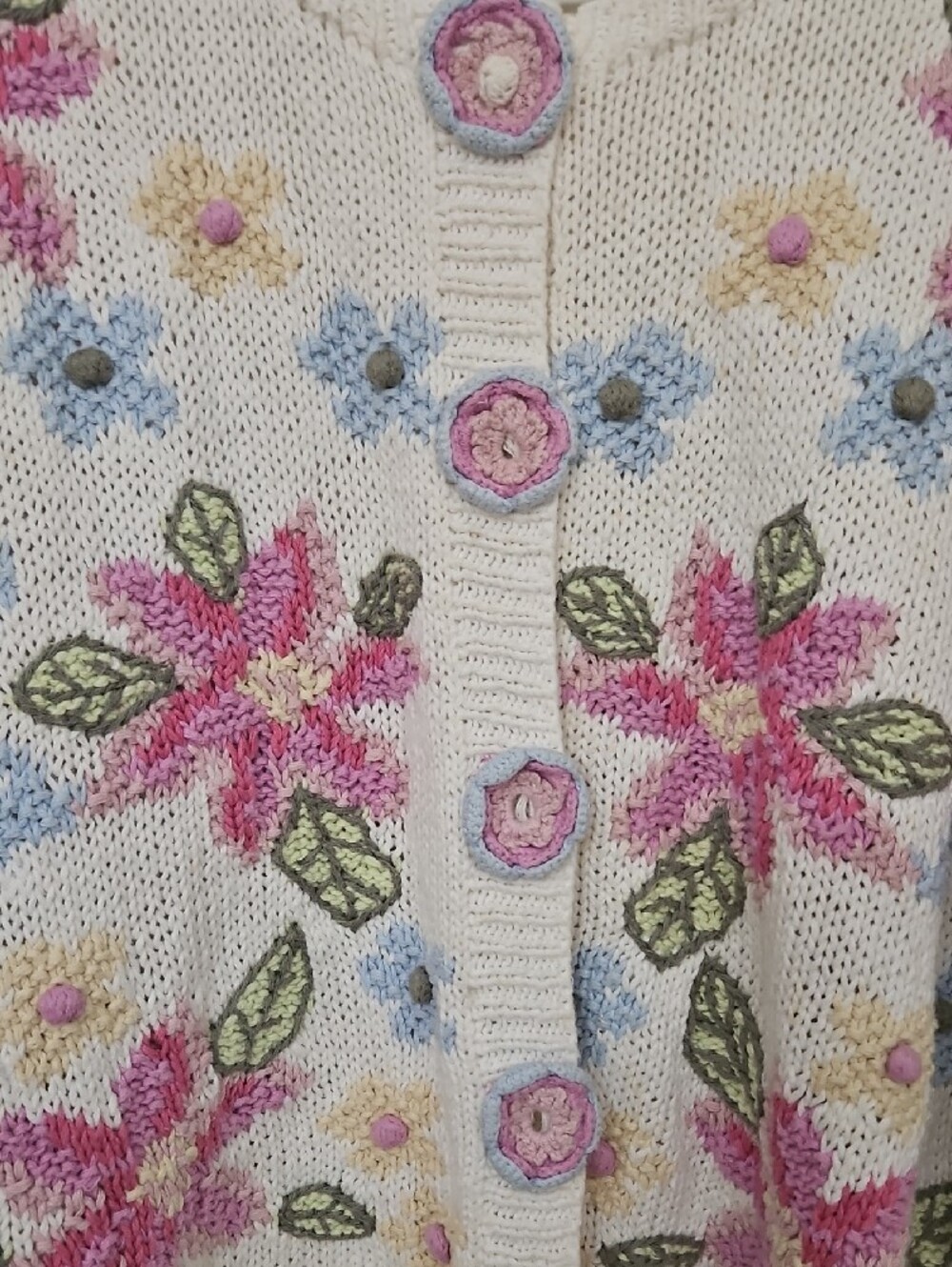 Saint Novara Eggshell Floral Hand Knitted Button-Up Cardigan Sz Med - Picture 3 of 8